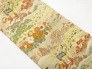 アンティーク　御所車に鶴・松・菊模様織り出し全通袋帯(材料)